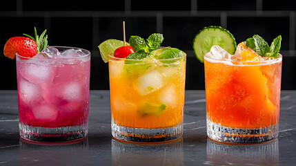 Three refreshing cocktails on bar, summer drinks