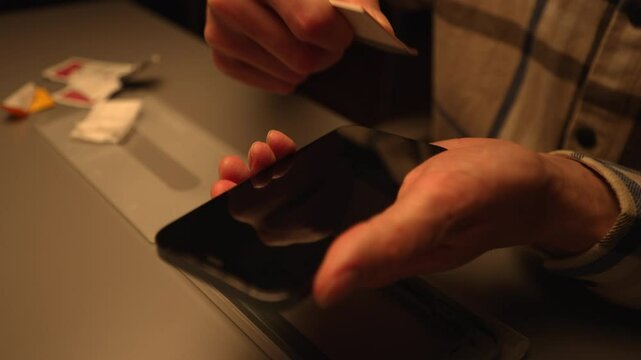 Cropped shot of skilled technician carefully applying screen protector to smartphone, meticulously smoothing out air bubbles with squeegee for optimal clarity and protection. Shooting in slow motion.