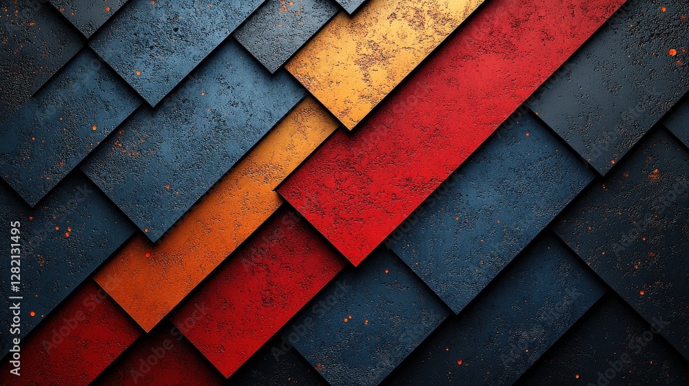 Poster abstract geometric pattern with layered textures in blue, red, and gold, creating a vibrant backdrop