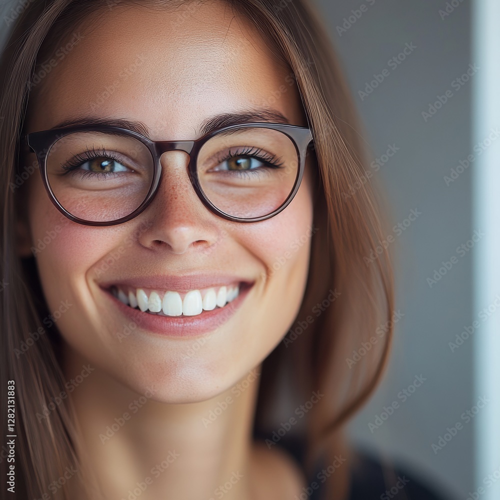 Poster smiling woman with glasses in a bright indoor setting enjoying a moment of joy and confidence. gener