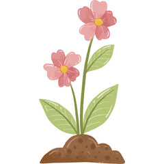 A charming illustration of a pink flower sprouting from rich soil, depicted in watercolor