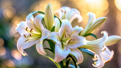 Fototapeta premium Beautiful white lilies bloom in a serene garden during golden hour, showcasing nature's elegance