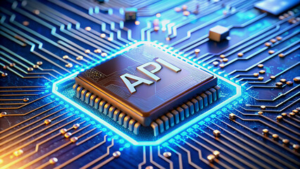 Close-up of a circuit board with an API chip highlighted.