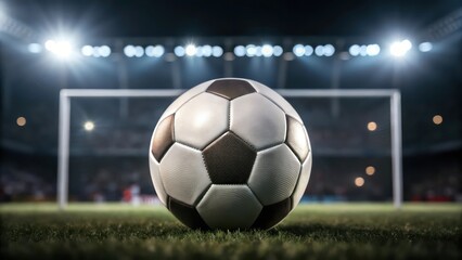 Naklejka premium Nighttime Soccer Match Close Up of Football Kicking Towards Goal in Stadium