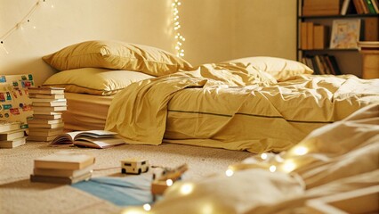 A relaxed bedroom featuring colorful bedding, stacks of books, fairy lights, and natural light streaming through wooden windows, creating a lived-in feel. Cluttercore