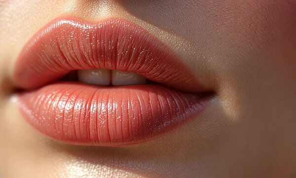 Close-up of full, glossy lips with a natural pink tone, symbolizing sensuality and beauty. Concept of cosmetics and skincare