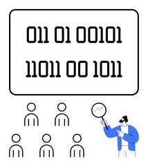 Binary code in a rectangular frame with a person holding a magnifying glass. Six simple human figures. Ideal for data analysis, coding, teamwork, management, technology, problem-solving, research