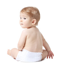 Cute little baby sitting on white background, back view