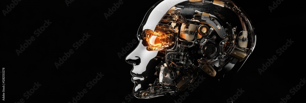 Poster side profile of a human head showcasing intricate mechanical structures and a glowing robotic eye in