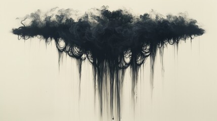Fototapeta premium A dramatic black smoke cloud with flowing tendrils against a light background.