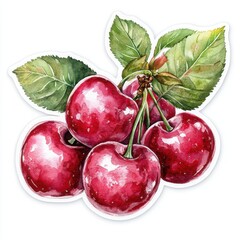 A cluster of ripe cherries, glistening with juice, still attached to their stems and leaves. The rich, deep red hues of the cherries contrast beautifully with the vibrant green foliage.