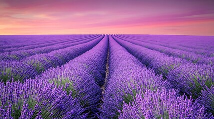 Fototapeta premium A vibrant lavender field stretching to the horizon, under a soft purple-pink sunset sky