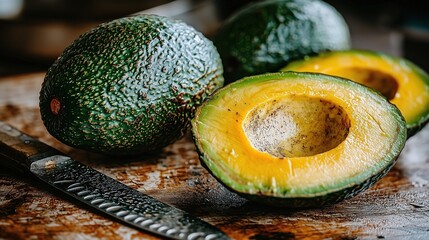A close-up of fresh avocado halves with a knife on a wooden cutting board.