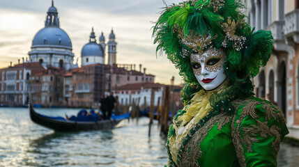 Persona con m&aacute;scara veneciana verde y disfraz elegante junto al Gran Canal en carnaval