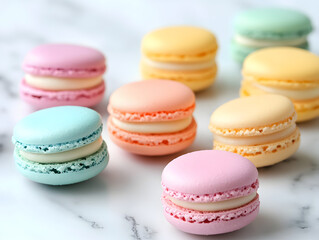 Assorted pastel-colored French macarons placed on a marble surface, showcasing delicate texture, elegant patisserie, and a sweet gourmet experience  
