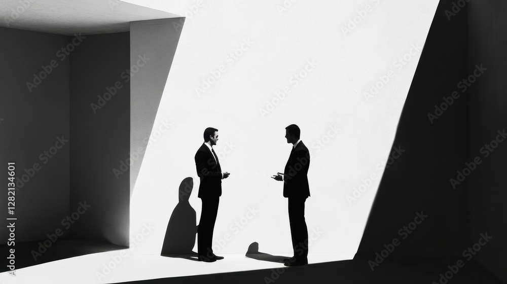 Poster business professionals engage in negotiation within a minimalist black and white environment during 