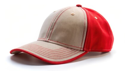 Red and Beige Baseball Cap on White Background