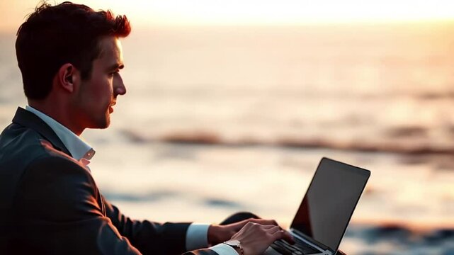 A stylish and attractive man sits with a laptop on the ocean shore, he looks at the panoramic view of the endless sea