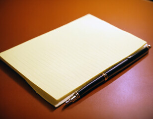 A notepad and a pen on the table.