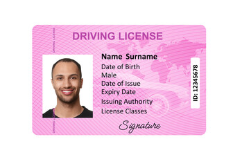 Driver's license with photo of man and world map illustration isolated on white