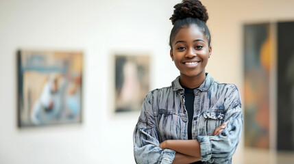 Smiling woman stands confidently in modern art gallery showcasing creativity