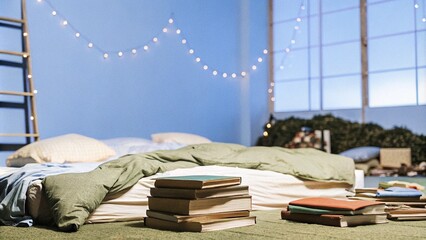 A relaxed bedroom featuring colorful bedding, stacks of books, fairy lights, and natural light streaming through wooden windows, creating a lived-in feel. Cluttercore