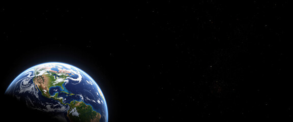 Obraz premium Earth viewed from space showcasing vibrant blue oceans and green continents, conveying a sense of wonder and unity while floating against a vast black backdrop filled with stars