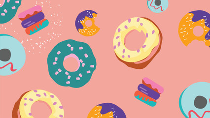 Fun and creative donut background with a mix of classic, bitten, and candy-coated donuts along with eclairs on a soft pink background. A delightful seamless design for confectionery lovers and bakery 