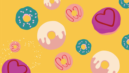 Colorful hand drawn donut background featuring heart shaped and classic ring donuts with sprinkles and icing on a bright yellow background. A playful and vibrant design ideal for sweet themed projects