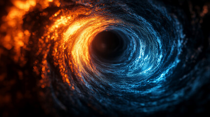 A surreal blue and orange space with a hole at its center, symbolizing the vastness of the sky and the warmth of the sun, blending nature's elements into a modern cosmic representation.

