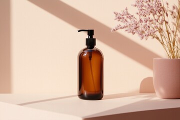 Amber Glass Pump Bottle in Sunlight – Neutral backdrop