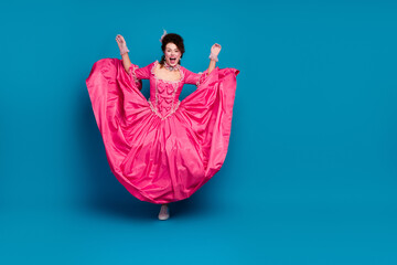 Full length photo of adorable impressed marie antoinette wear corset dress having fun empty space...
