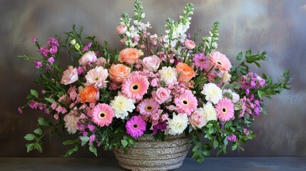 A vibrant floral arrangement featuring pink and orange roses, gerbera daisies, and delicate white blooms, evoking a joyful and fresh ambiance.
