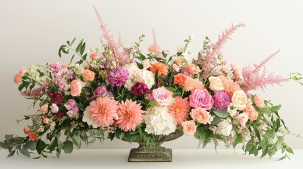 Obraz premium Stunning floral arrangement featuring a variety of pink, peach, and purple flowers in an elegant decorative vase.