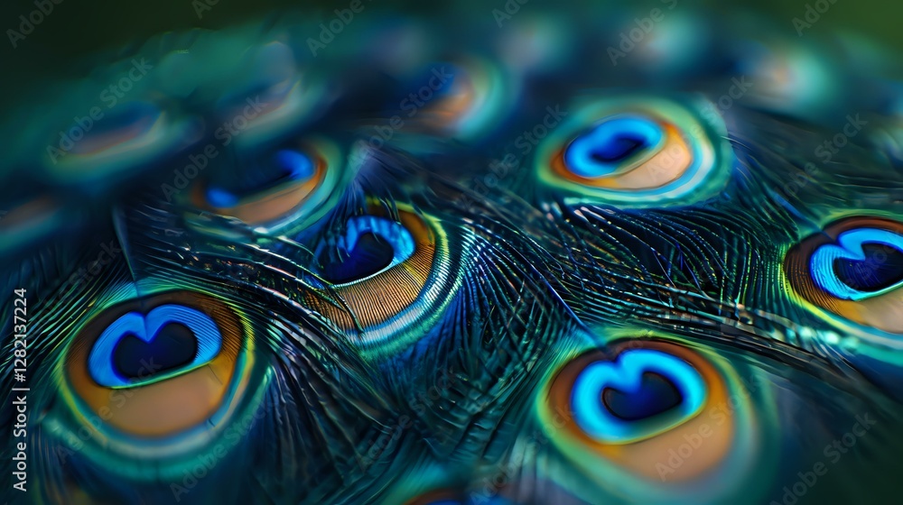 Poster vibrant peacock feathers in macro view showing iridescent blue and golden eye spots against dark bac