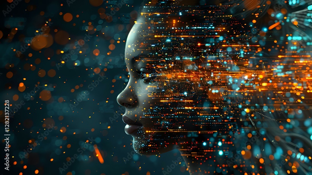 Poster profile view of person's face dissolving into glowing orange and blue digital particles against dark