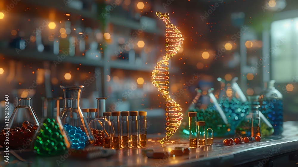 Poster glowing dna helix structure in laboratory setting with glass flasks and test tubes, orange bokeh lig