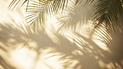 Obraz premium Textured palm leaf shadows cast softly on a warm, neutral wall, creating a peaceful and natural ambiance.
