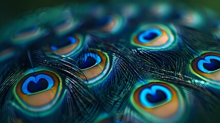 Obraz premium Vibrant peacock feathers in macro view showing iridescent blue and golden eye spots against dark background, creating mesmerizing natural pattern.