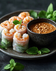 Delicate Vietnamese summer rolls with prawns and spicy peanut sauce