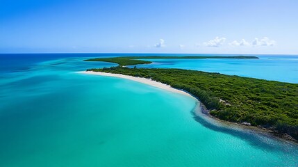 A tranquil island view with turquoise waters, a sandy beach, and lush green vegetation under a clear blue sky