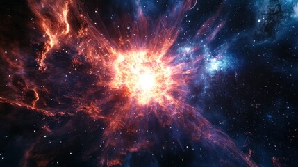 Fototapeta premium A vibrant explosion of a star in a cosmic nebula, showcasing fiery colors and intricate celestial patterns.
