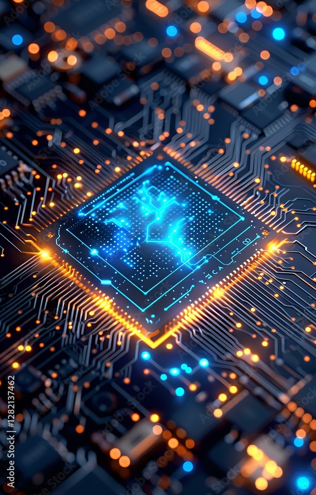 Poster glowing microprocessor with blue and orange lights on circuit board, close-up view showing electroni