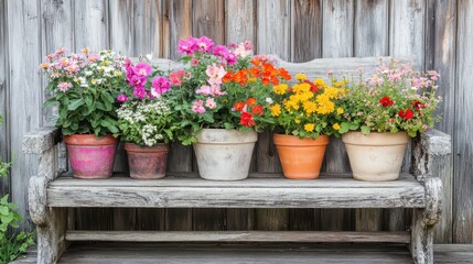 A rustic wooden bench adorned with vibrant potted flowers in varying colors, creating a cheerful garden vibe.