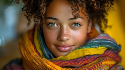 Young African American woman with natural curly hair and bright blue eyes wearing colorful scarf, smiling warmly at camera in soft lighting.