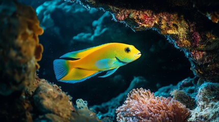 Obraz premium Glowing bioluminescent fish swimming in deep ocean cave, vibrant and mysterious, natural beauty