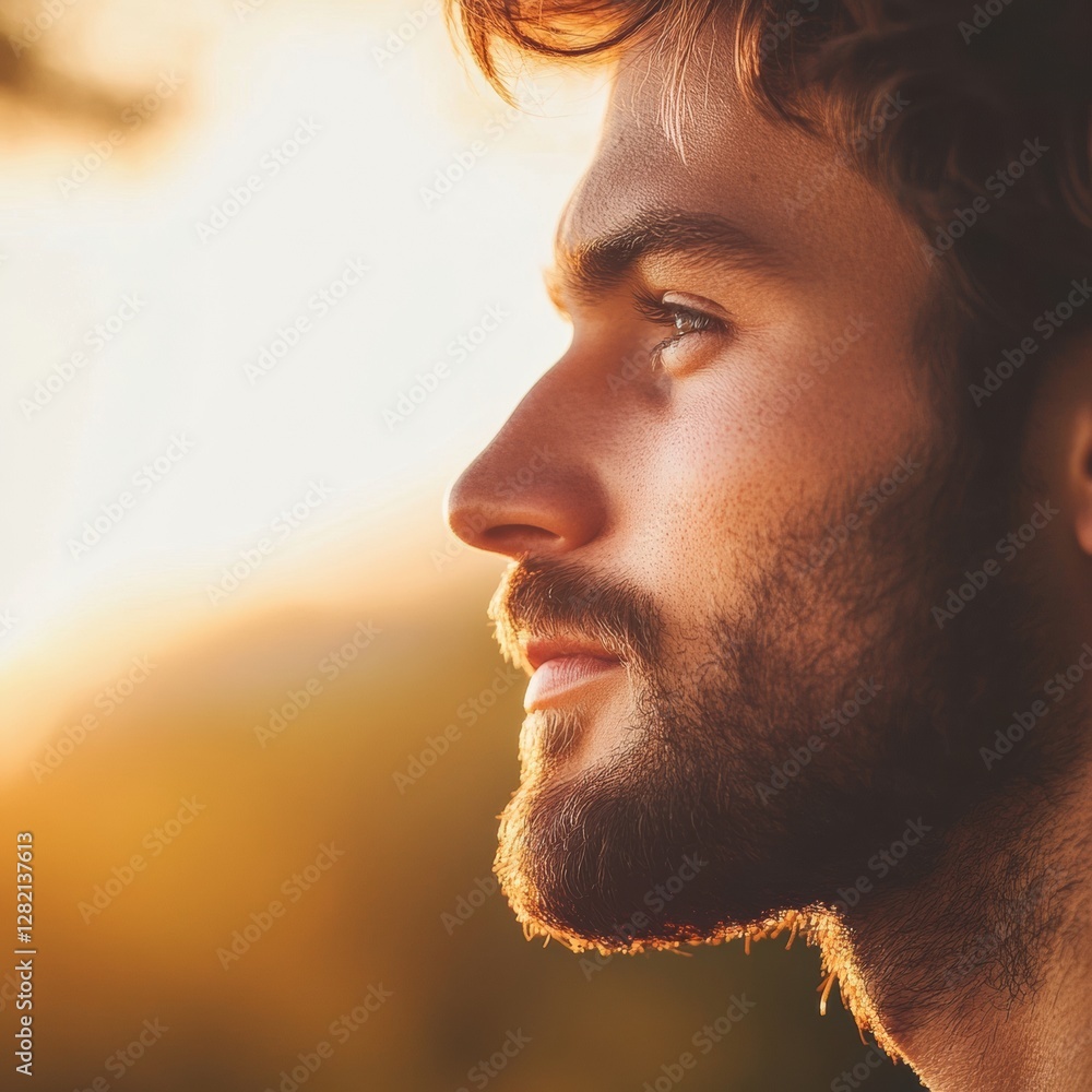 Aufkleber man with beard gazing into sunset over a landscape while enjoying the tranquility of nature. generat
