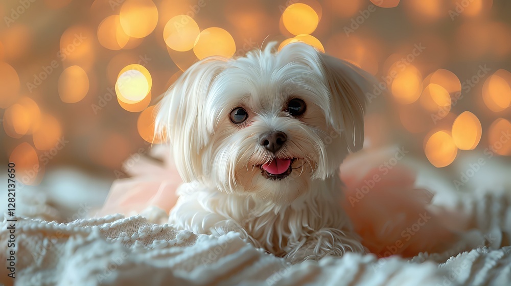 Poster adorable white maltese puppy lying on soft blanket with warm bokeh lights in background, showing hap
