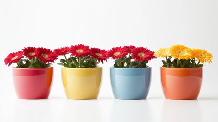 Colorful potted flowers in vibrant pots, featuring red and yellow gerbera daisies, adding a cheerful touch to any space.