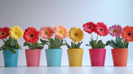 Obraz premium Vibrant arrangement of colored flower pots featuring beautiful gerbera daisies in various hues.